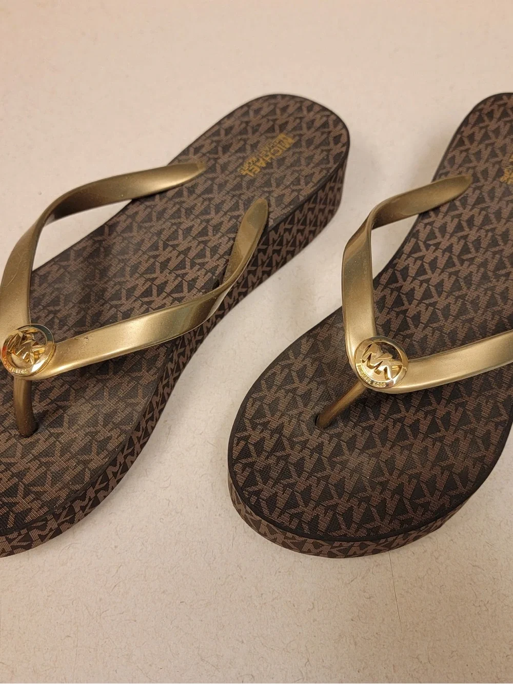 Michael Kors Brown and Gold MK Logo Flip Flops